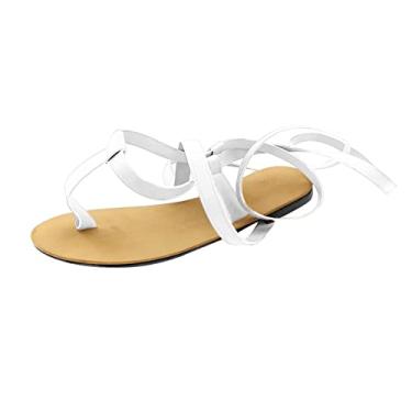 Imagem de Sandálias femininas de verão com tira aberta no dedo do pé romano sandálias planas sapatos tamanho grande sandálias de salto baixo para mulheres largas (branco, 7)