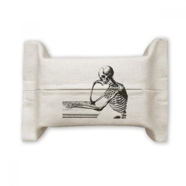 Imagem de Caderno de esqueleto humano com postura sentada e suporte de capa de papel para lenços faciais, bolsa de linho de algodão