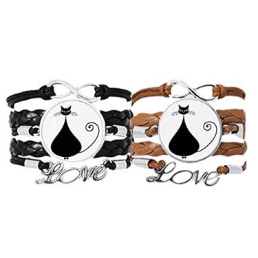 Imagem de DIYthinker Pulseira preta para amante de gatos Halloween Animal Art Outline Pulseira de mão Pulseira de corda de couro Conjunto duplo Presente Pulseira de casal