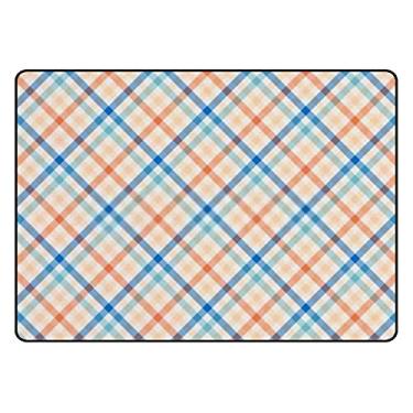 Imagem de ColourLife Tapete leve e macio, laranja, azul, xadrez, tapete para crianças, sala de jogos, piso de madeira, sala de estar, 152 x 99 cm