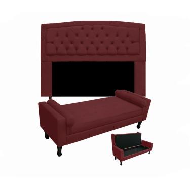 Imagem de Cabeceira Geovana + Calçadeira Fênix Para Quarto Casal 140cm Suede Vermelho Bordo - LM DECOR