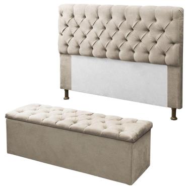 Imagem de Kit Cabeceira + Calçadeira Baú Mirage Casal 140cm Bege - LM DECOR