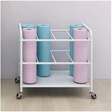 Imagem de Carrinho De Tapete De Ioga Grande Para Esteiras De Exercícios, Suporte De Armazenamento De Esteiras De Pilates De Ferro Branco, Carrinho De Rolo De Espuma Rolante Para Sala De Ginástica,80x50x70cm