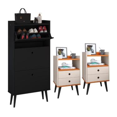 Imagem de Kit Sapateira Vertical 3 Gavetas Basculantes Dark Preto e 2 Mesinhas Canto Quarto Nicho Decorativo Dream Off White/Cinamomo RPM