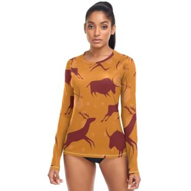 Imagem de Camiseta de banho feminina com estampa de rock com estampa de animal Rash Guard, secagem rápida, FPS 50+, Pintura de rocha com animal, P