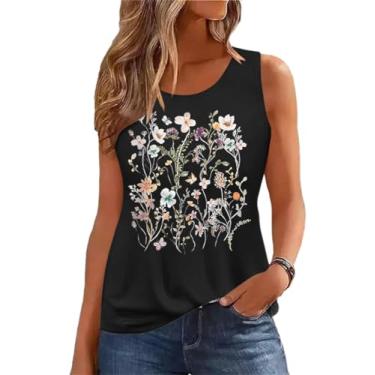 Imagem de Camiseta regata feminina de verão, sem mangas, estampa de flores vintage, boêmio, cottagecore flores silvestres, C - preto, G