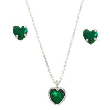 Imagem de Colar Prata 925 Feminino 45cm Pingente Coração Brinco Verde