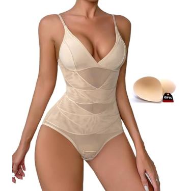 Imagem de Huvgim Body modelador feminino com controle de barriga, cintas modelador de bumbum levanta bumbum, sutiã com decote em V, tops, Bege, P