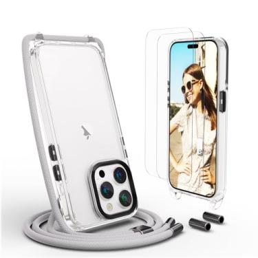 Imagem de UYMO Capa de telefone transversal para iPhone 15 Pro Max de 6,7 polegadas, capa transversal com alça de cordão de pescoço, capa transparente de policarbonato TPU com 2 protetores de tela de vidro