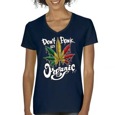 Imagem de Camiseta feminina Don't Panic It's Organic gola V 420 Weed Pot Leaf Smoking Marijuana Legalize Cannabis Stoner Pothead Tee, Azul marinho, M