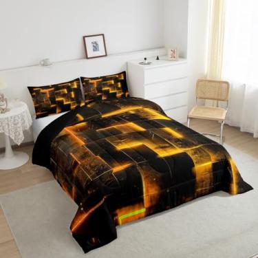 Imagem de Jogo de cama casal laranja preto brilhante búfalo 3D moderno, arte abstrata, geométrico, xadrez, gradiente, futurista, cubos, edredom (preto reversível)