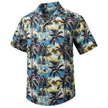 Imagem de Camisas masculinas havaianas de manga curta com botões tropicais Aloha camisa casual verão Havaí praia camisas, 07 - amarelo/azul/preto, GG