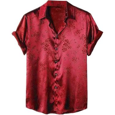 Imagem de ZAFUL Camisa masculina de verão de manga curta Jacquard seda cetim estampa floral rosa botão camisa, 2 vinhos tinto, G