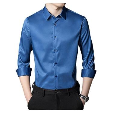 Imagem de Camisa social masculina elástica gola lapela manga longa camisa formal seda não passar a ferro, Cor 7, 4G
