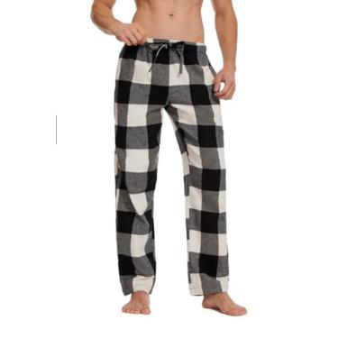Imagem de Lavenderi Calça de pijama masculina de algodão macio, calça de pijama longa com cordão e bolsos, Xadrez preto e branco, GG