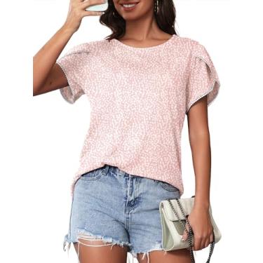 Imagem de Bellcoco Camisetas femininas de verão casual gola redonda blusa de renda crochê manga curta linda estampa floral túnica solta tops, Rosa, P