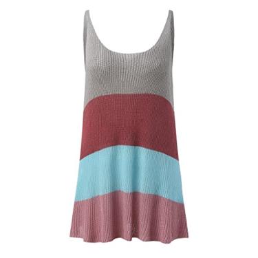 Imagem de Camiseta regata feminina de tricô de algodão sem manga gola redonda folgada túnica listrada ilhó para sair, Y1 - rosa choque, G