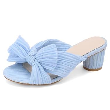 Imagem de MlKMO Sandálias femininas, sapatos de salto alto com laço de cetim, bico fino, sandália redonda de salto grosso para meninas, Azul, 41