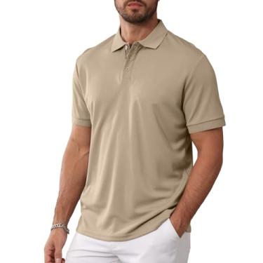 Imagem de Lexiart Camisa polo masculina casual manga curta golfe camiseta com botão de treino atlético, Caqui, 3G