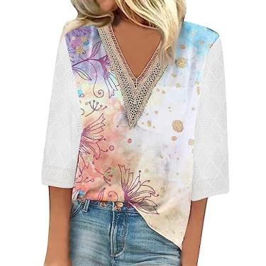 Imagem de Camisetas femininas de verão manga 3/4 com decote em V floral 2024, camisetas femininas casuais com acabamento em renda, blusas femininas elegantes e casuais, Multicolorido 24, XXG