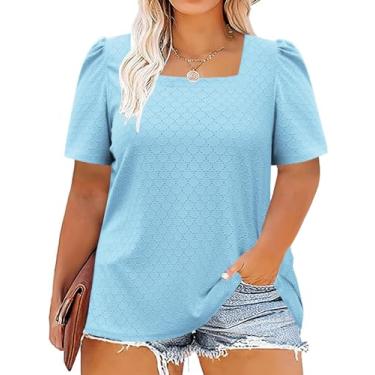 Imagem de ROSRISS Camisetas femininas plus size de verão bufante manga curta camisetas de gola quadrada lindas túnicas com ilhós, 04_azul claro, 4XG