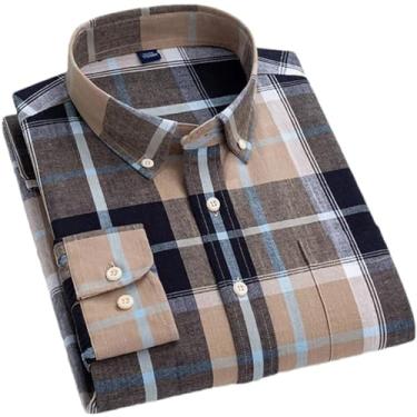 Imagem de Camisa masculina de algodão xadrez casual de linho com bolso único abotoada manga longa listrada, T0c1801, M