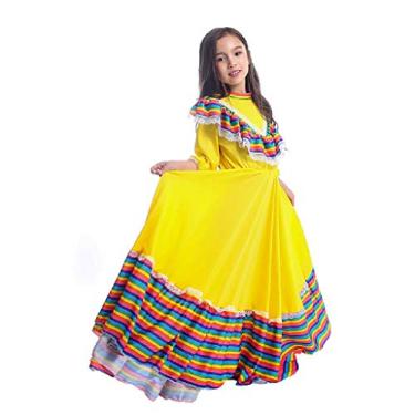 Imagem de CAFELE Vestido tradicional mexicano para meninas, estilo nacional, vestido de princesa, fantasia de Halloween, carnaval, festa de aniversário, Amarelo, PP