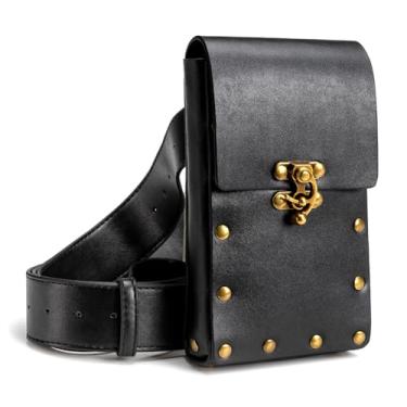 Imagem de Bolsa de cinto medieval vintage de couro para suporte de celular bolsa de cinto pirata bolso casual caminhada renascentista fantasia fantasia carteira, Conjunto de bolsa de cinto preto, adjustable