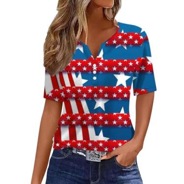 Imagem de Camisetas femininas 4th of July Patriotic American Flag Stars Stripes Shirt Graphic Vintage Blusa Button Summer Tunics, Azul, G