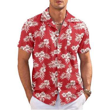 Imagem de COOFANDY Camisetas masculinas casuais de botão de manga curta verão férias cubanas na praia, Floral creme vermelho, G