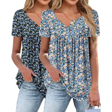 Imagem de 2 camisetas femininas de manga curta floral verão túnica 2024 casual gola redonda blusas soltas de chiffon, Laranja, azul, azul pequeno, P