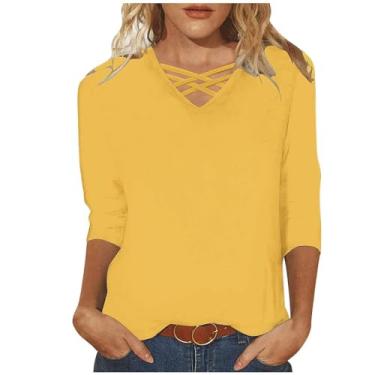Imagem de Camisetas femininas de manga 3/4 com gola V para trabalho com gola em V, lindas camisetas básicas para sair, roupas modernas, Amarelo, M