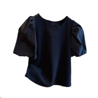 Imagem de Camisetas de verão casual gola redonda patchwork blusa feminina coreana, Preto, G