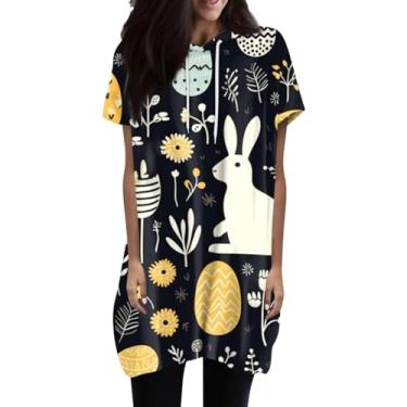Imagem de Moletom feminino casual de verão de manga curta, camisetas estampadas com cordão, gola redonda, pulôver leve, Amarelo, XXG