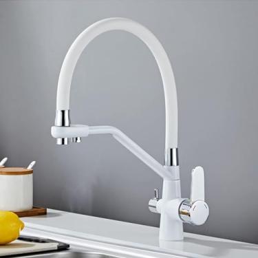 Imagem de Torneira misturadora de cozinha removível Torneira de cozinha de 3 vias Torneira flexível Pulverizador Purificador de água Torneira purificadora de filtro de água de arco alto 3 em 1, branca