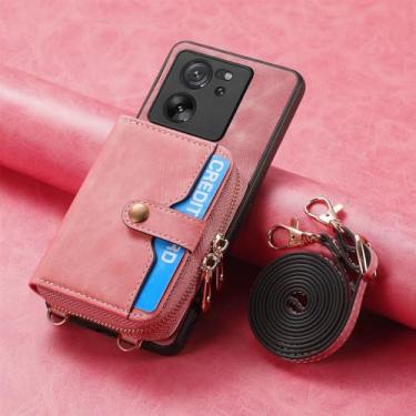 Imagem de Bolsa de cartões com zíper crossbody Capa carteira de couro para Xiaomi Note 13 12 Pro 11 lite POCO X5 X4 13T Capa de corda de cordão longo, rosa, para Redmi Note13 5G