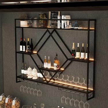 Imagem de Rack de armazenamento de vinho montado na parede com iluminação LED, suporte de vidro de vinho de metal, prateleira de exibição de garrafa de licor com luzes LED, suporte de vinho moderno, p