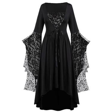 Imagem de Masbird Vestidos góticos para mulheres, vestido renascentista, vestido de vampiro, estampa assustadora, vestido maxi plus size, vestido de bruxa, Cinza escuro, 4G