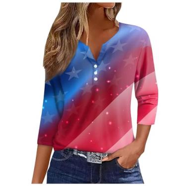 Imagem de Camiseta feminina com bandeira dos EUA, manga 3/4, gola V, botões, blusas, 4 de julho, Memorial Day, Vinho, GG