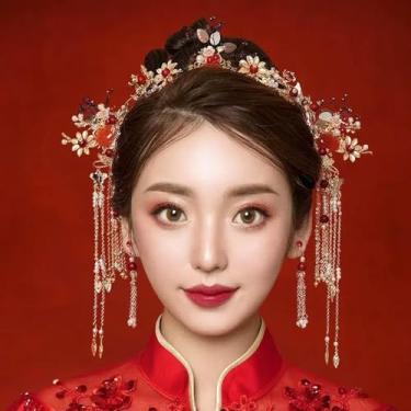Imagem de Coroa pente de cabelo grampos de cabelo estilo chinês casamento xiuhe acessório de cabelo antigo faixas florais