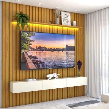Imagem de Painel para TV Até 85 Polegadas Noronha 3 Gavetas Ripado 100% Mdf Naturale/Off White - Pnr Móveis