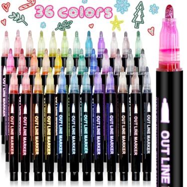 Imagem de Conjunto de marcadores brilhantes de 36 cores, marcadores de contorno de linha dupla, marcadores metálicos autodelineados para desenho, arte, cartão de felicitações, projeto de artesanato, pôster,