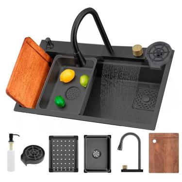 Imagem de Cuba Cascata Pia Cozinha Torneira Luxo Goumert Lavador Copo Dispenser Bancada Aço Inox