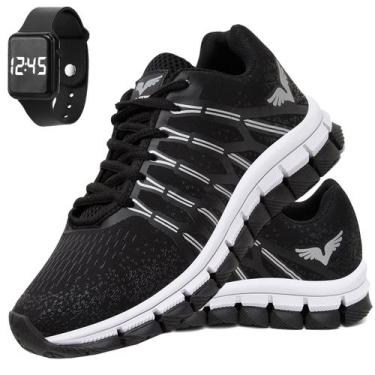 Imagem de Tênis Masculino Corrida Caminhada Veloz + Relogio - GP, Preto, 38, Mas
