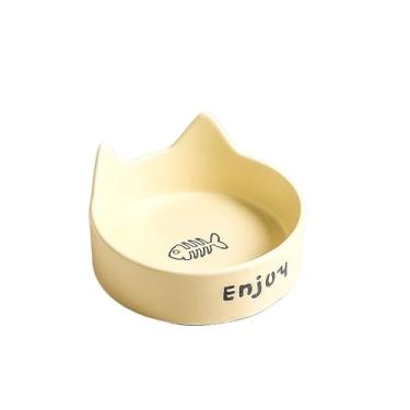 Imagem de XINCHANG Tigelas de cerâmica para animais de estimação, conjunto de tigela de comida e água para cães com suporte de madeira antiderrapante (orelha de gato amarelo osso de peixe tigela única)