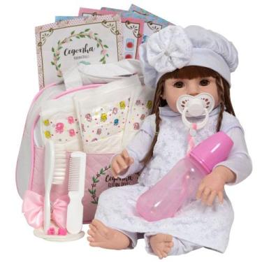 Imagem de Bebe Tipo Reborn 100% Silicone Vestido Branco Bolsa Itens - Cegonha Re