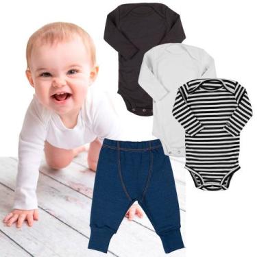 Imagem de Body infantil kit manga longa e calça jeans bebe minimalista comfy - H