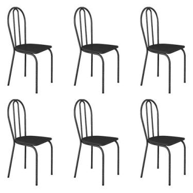 Imagem de Kit 6 Cadeiras de Cozinha Texas Liso Preto Pés de Ferro Cromo Preto - 