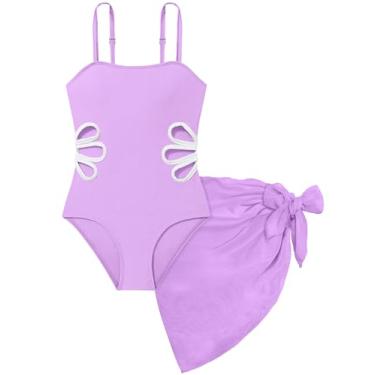 Imagem de TALLWH Maiô para meninas, alças ajustáveis, peça única, saída de saída de cor lisa, roupa de banho para meninas, Roxa, 11-12 Anos