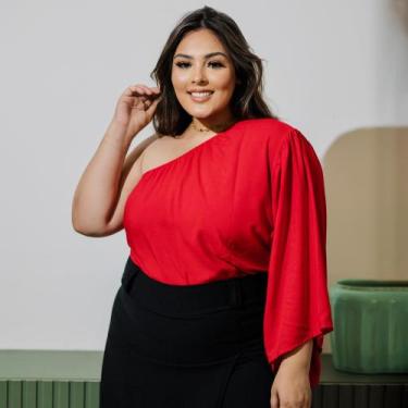 Imagem de Blusa Plus Size Feminina Cropped Manga Única Com Elástico Moda Bloguei